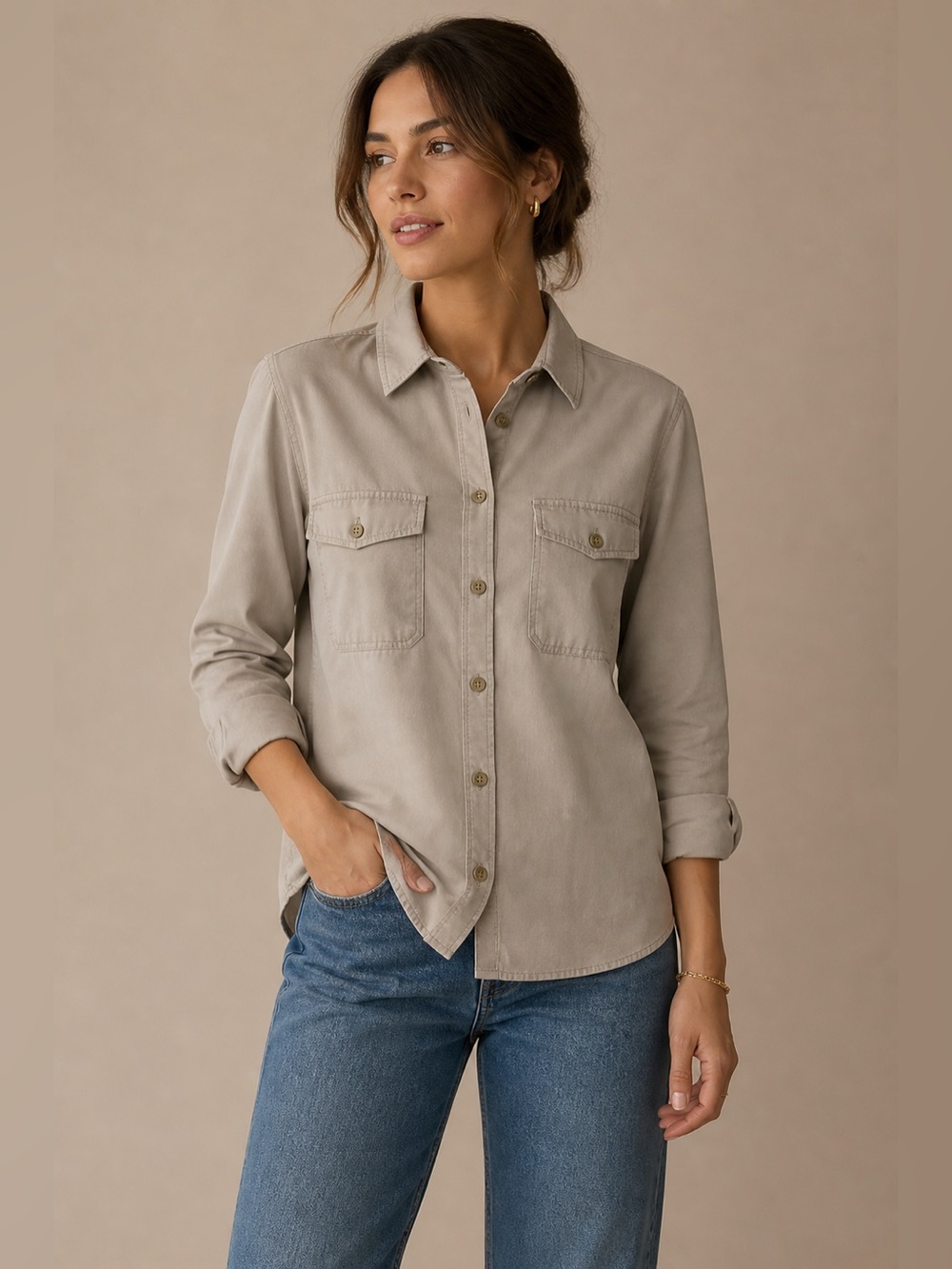 Candace Cameron Bure Taupe Tencel Button Up Utility Shirt M